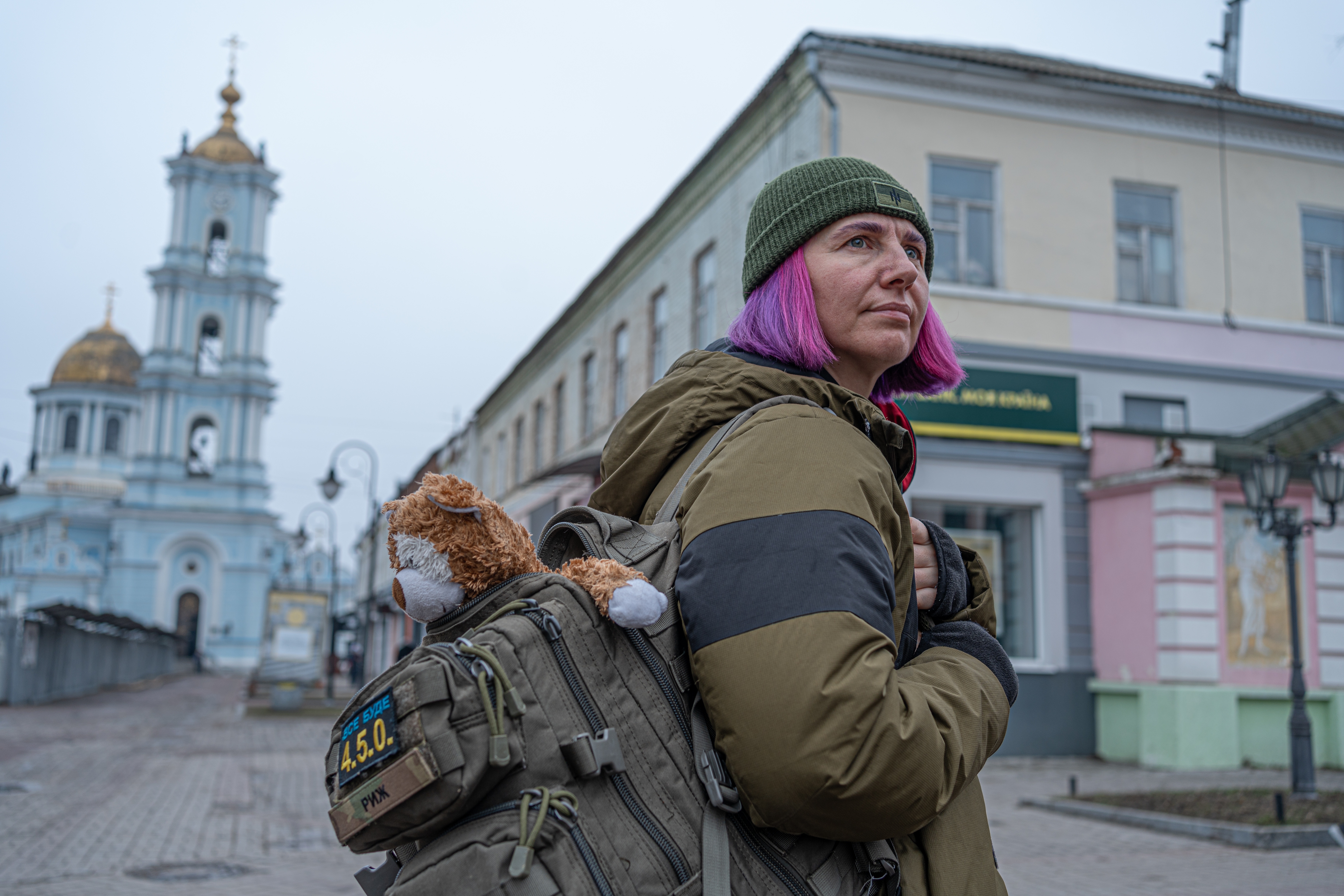 Combat medic Olena Ivanenko, 44, whose military call sign is "Ryzh," takes a break from the front line in the northeastern city of Sumy, Ukraine, earlier this year.